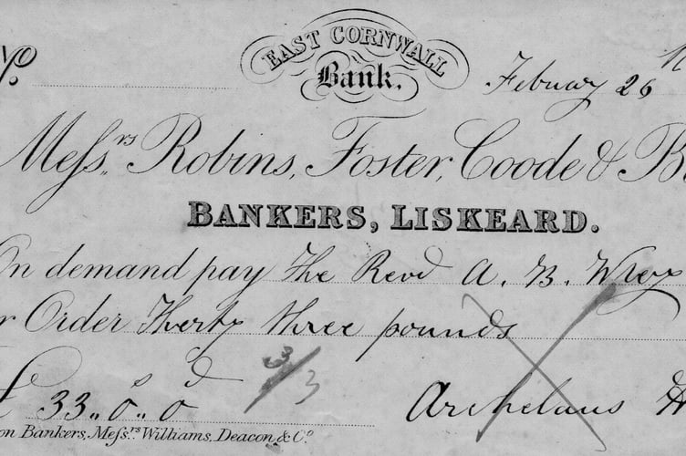 East Cornwall Bank cheque dated 1873