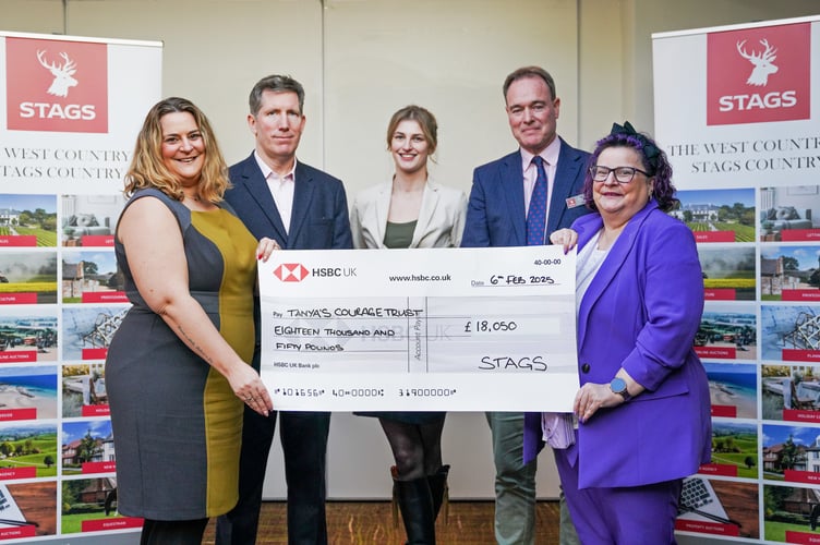 Iris Billing and Nikki Empel-Newman, founders of Tanya’s Courage Trust, are pictured receiving their share of the funds raised from Alex Rew, Jess Withers and Andrew Luxton of Stags