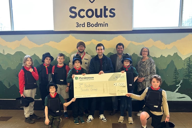 Persimmon Homes presenting the cheque to the 3rd Bodmin Scouts group, with Bodmin Cornwall Council members Leigh Frost and Pat Rogerson also in attendance. (Picture: Persimmon Homes)