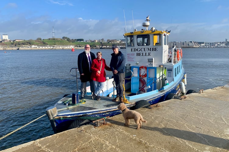 Cllr Kate Ewert, Joint Chair of the Mt Edgcumbe Joint Committee with Cllr  Chris Penberthy from Plymouth City Council with Ben Squire from Plymouth Boat Trips at the Cremyll Ferry. (Picture: Plymouth City Council)