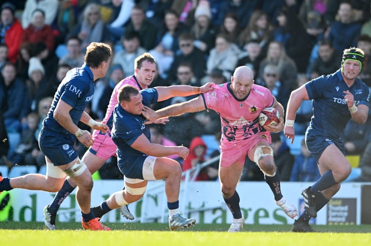 Jack Yeandle, on his 300th appearance for Exeter Chiefs, takes on the Sale Sharks defence during their Premiership Rugby Cup clash at Sandy Park