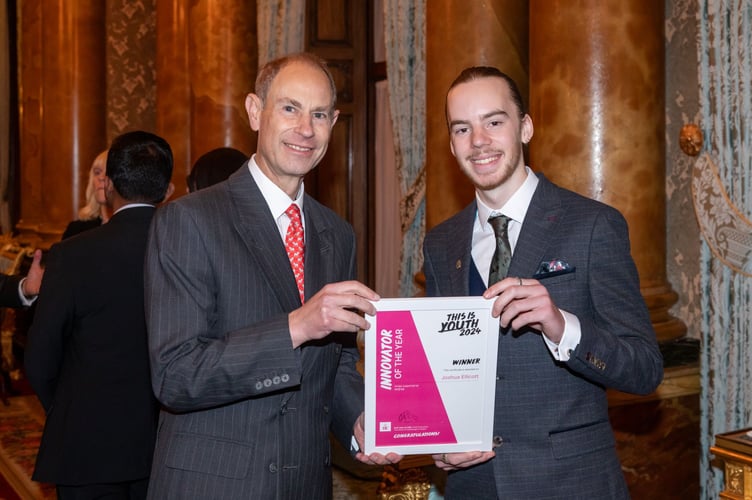 Josh, Innovator of the Year, receives his certificate from HRH during the afternoon tea at Buckingham Palace on the This is Youth 2024 celebration day.