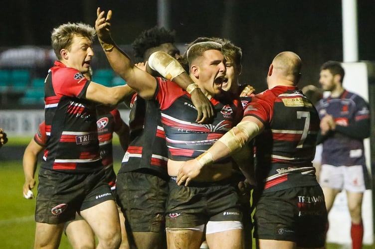 Cornish Pirates hooker Sol Moody celebrates the second of his two tries in the win against London Scottish