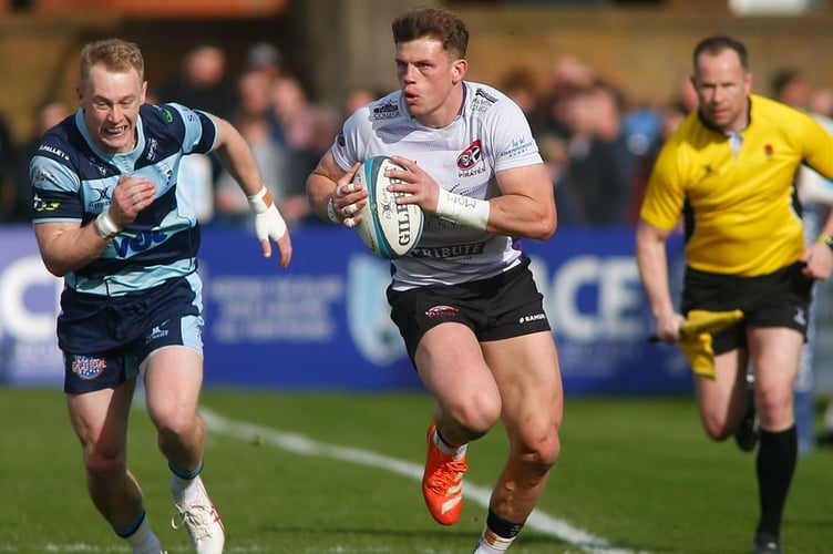 Try-scorer Matt McNab makes a break for the Cornish Pirates in their Championship clash at Bedford Blues