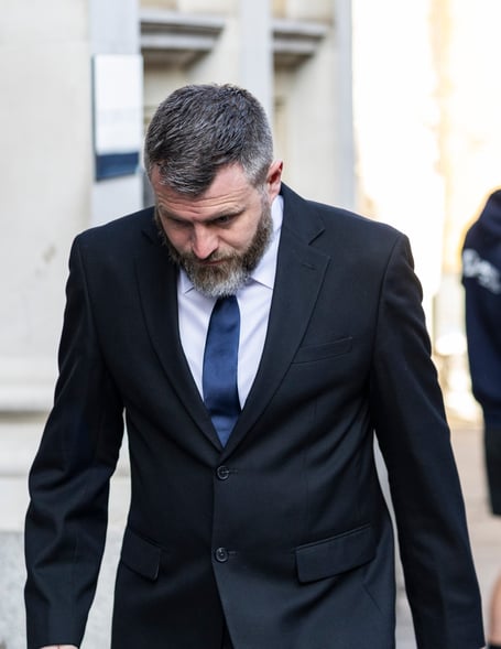 Former Devon and Cornwall Police Officer Martyn Newitt arrives at Bristol Crown Court. Bristol. April 01 2025. A former police sergeant has admitted a misconduct charge after forming an 'inappropriate relationship' with a member of the public. Martyn Newitt, 39, appeared at Bristol Crown Court today (Tues) to plead guilty to the offence committed while he was on public duty. Newitt, of Liskeard, Cornwall, who wore a black suit and blue tie and full beard, was accompanied by friends or family and spoke to plead guilty. No further details of the charge was read out today and Newitt will be sentenced at a later date.