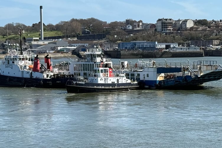 The LYNHER Ferry sets off on its journey from Torpoint to the dry dock at Falmouth for refit works
