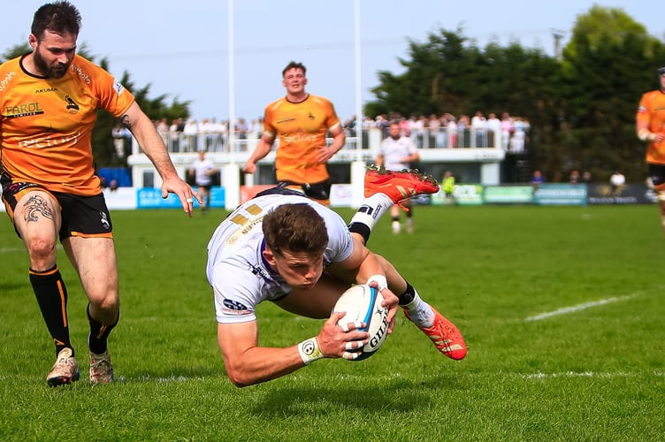 Cornish Pirates winger Matt McNab crosses for one of his four tries in the Championship win against Chinnor. Picture: Brian Tempest