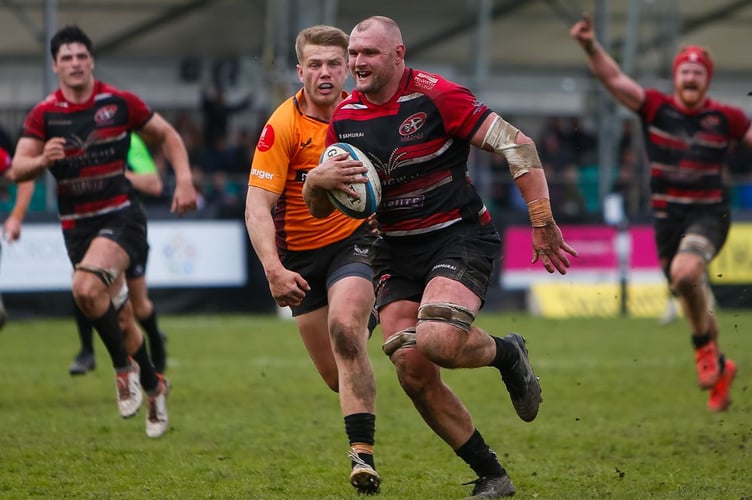 Cornish Pirates skipper Alex Everett charges to the line for his side's all-important bonus point score against Caldy