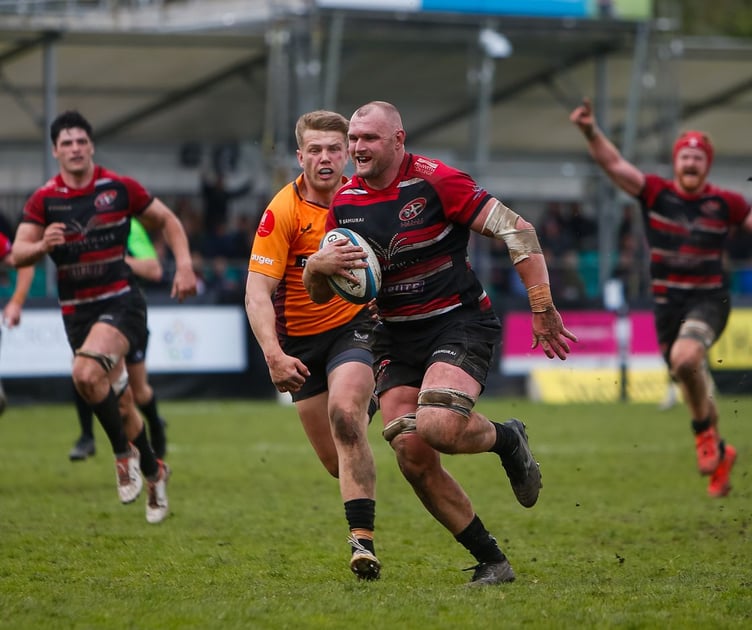 Cornish Pirates skipper Alex Everett charges to the line for his side's all-important bonus point score against Caldy
