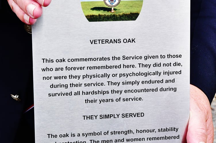 The newly-created plaque outlining which goes alongside the Veterans Oak in Torpoint. Picture: Andy Campfield