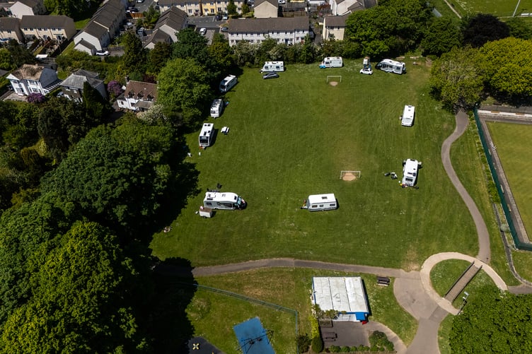 The travellers in Cornwall have parked up on a football pitch. Picture: Paul Williams