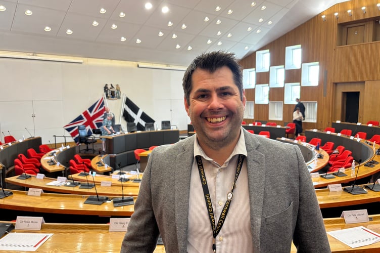Cllr Leigh Frost pictured in the chamber after being elected as the new leader of Cornwall Council (Pic: Lee Trewhela / LDRS)