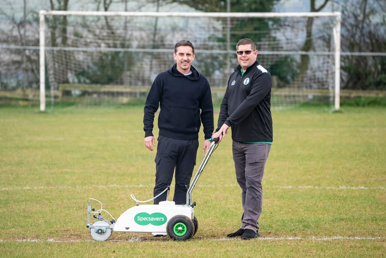Former Manchester United and England defender Gary Neville (left) has teamed up with Specsavers for the Best Worst Pitch campaign, a project offering practical financial relief to 50 struggling grassroots football teams