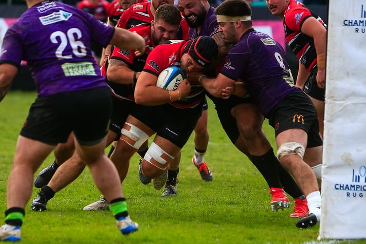 Cornish Pirates forward Milo Hallam powers towards the try-line during his side's Championship clash with Nottingham at the Mennaye Field