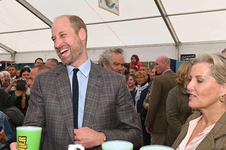 "Cheers' to a rather wet royal visit for Prince William, the Prince of Wales and Duke of Cornwal, and Sophie the Duchess of Edinburgh on Friday, June 6, who were pleased to dive under the shelter of the Cornwall Food and Drink Tent and partake in a taster of Cornish cider