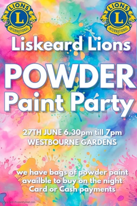 Liskeard Lions will be holding a Powder Paint Party on June 27 at Westbourne Gardens