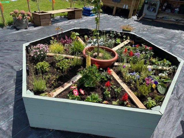 Adding to the space’s charm, the Shedders also constructed a large hexagonal raised planter using reclaimed timber