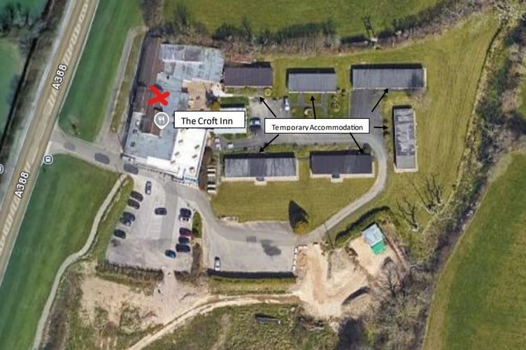 An aerial view of the Croft Inn at Hatt, near Saltash and the nearby temporary accommodation. 
