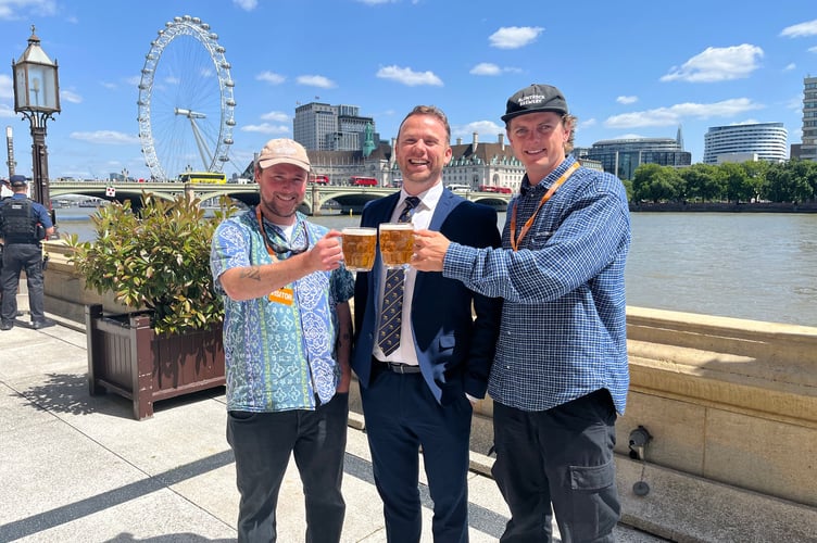 MP Ben Maguire was joined by Bluntrock Brewery owners George Parker Collins and Hugo Roads in the Houses of Parliament to celebrate the news (Picture: Ben Maguire)