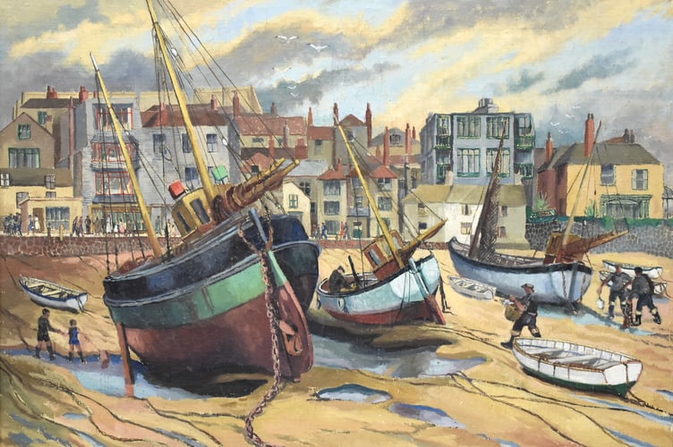 Painting of St Ives harbour at low tide by Gwen Whicker