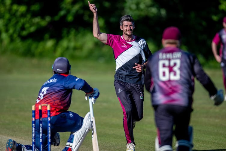Lanhydrock all-rounder Ben Attfield, pictured celebrating after bowling Sri Lankan opener Thevindu Dickwella at St Austell on Wednesday night, will hope to enjoy similar success against visiting Werrington Seconds. Picture: Paul Williams