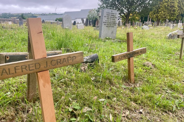 A close-up of the crosses that currently mark where the six Saltash firemen are buried in St Stephen's Church cemetery (Picture: Cornish Times)