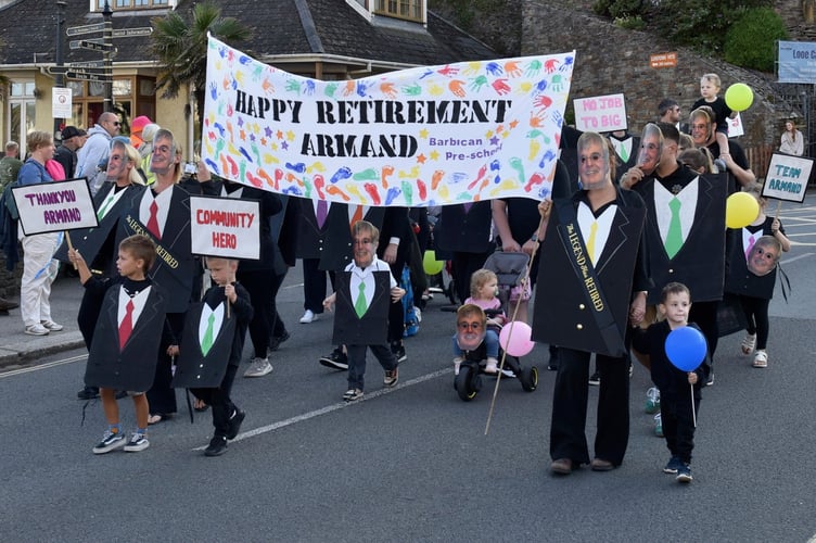 Barbican Pre-School, who honoured retiring councillor Armand Toms with a lovely tribute at this year's Looe Carnival (Picture: Jon Harris Photography)