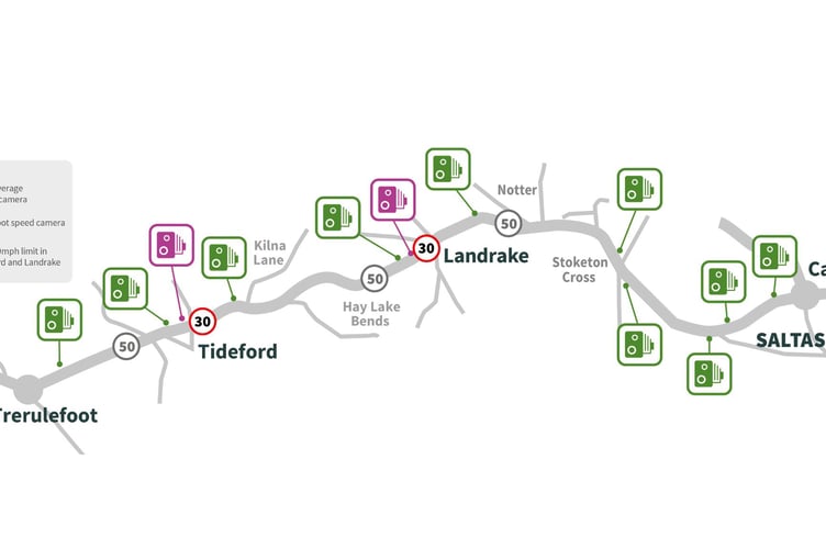 The location of the new speed cameras located between Carkeel and Trerulefoot