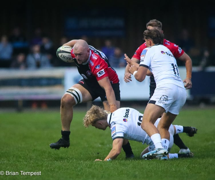 Cornish Pirates forward Alex Everett barges is way through the Exeter Chiefs defence