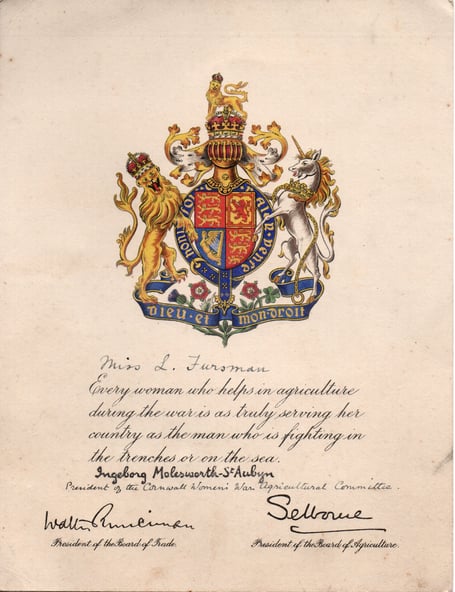 Certificate awarded to women and girls working on the land during WWI