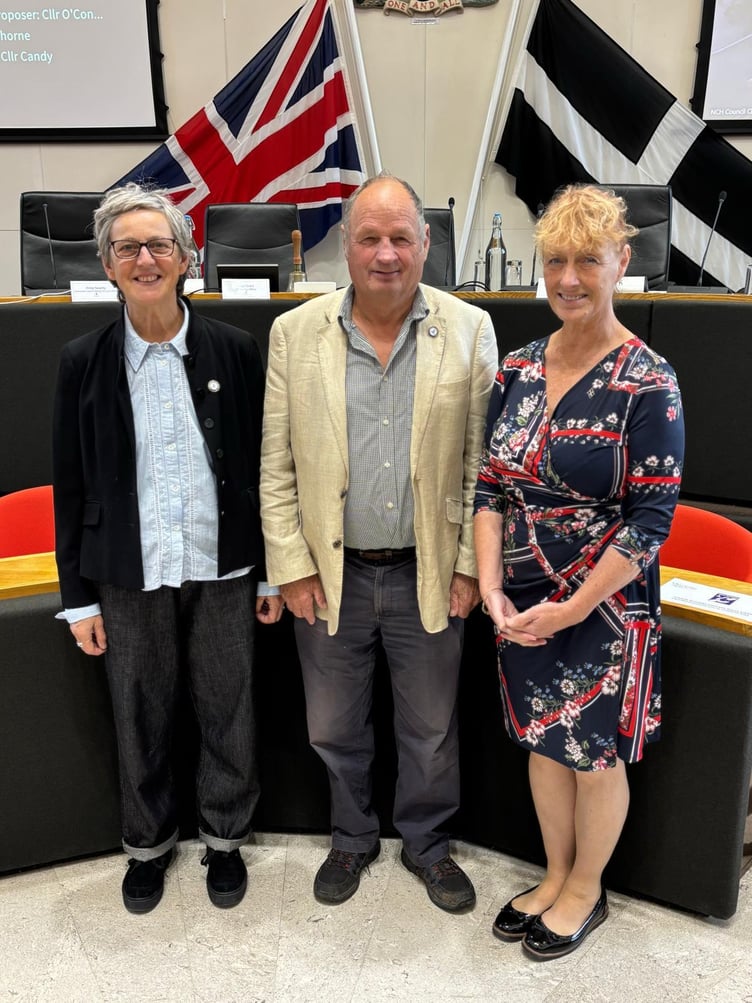 Cornwall councillors Sarah Preece, Jim Candy and Hilary Frank pose inside the chamber following last week's full council meeting