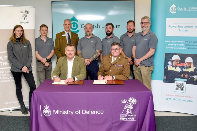 Front row: Jamie Airnes and Lt Col Ant Sharman. Back row: Cornish Lithium team members and Jon Beake. (Picture: Toby Weller/Cornish Lithium)