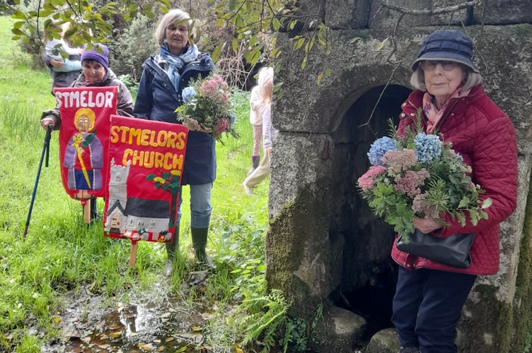 Gudrun Hinton (left) and Ann Hinton (right) arriving to 'Dress' St Melor's Holy Well at Linkinhorne recently