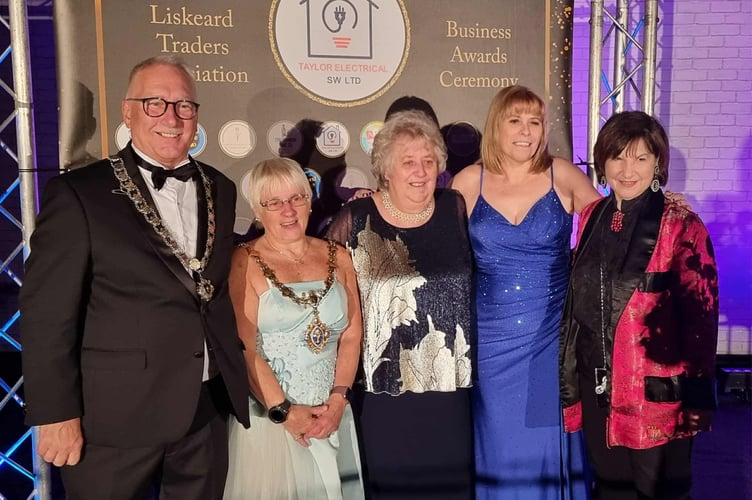 In all their finery during the Liskeard Traders Association Business Awards Gala Night are (from left) deputy mayor Cllr David Braithwaite, mayor Cllr Christine Whitty, Lynn Moore, Tracy Adams and Lori Reed