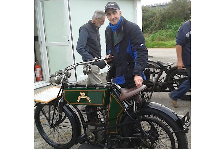 Jeremy Jackson with a Dreadnought motorcycle built by the late Harold Karslake.