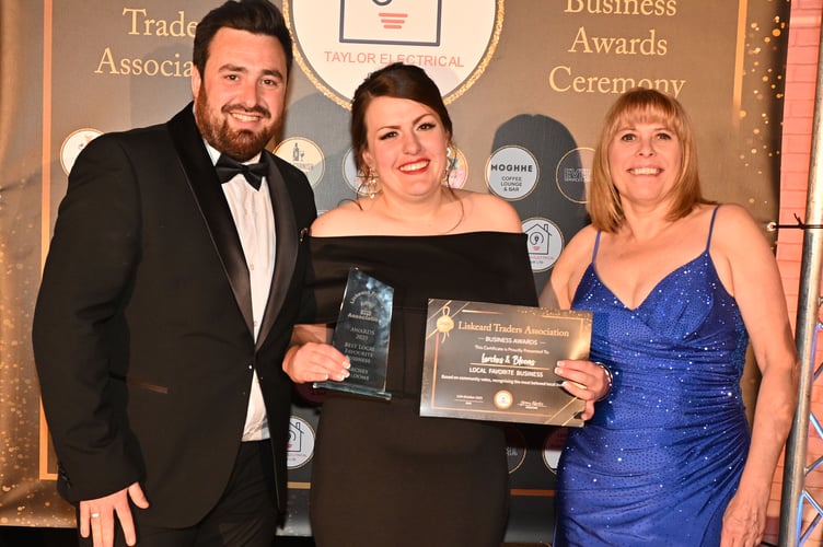 Josh Taylor and Tracy Adams welcomed Rhiannon Sullivan of Larches and Blooms on to the stage twice to present her with ‘Best Independent Business’ and the ‘Local Favourite Award’