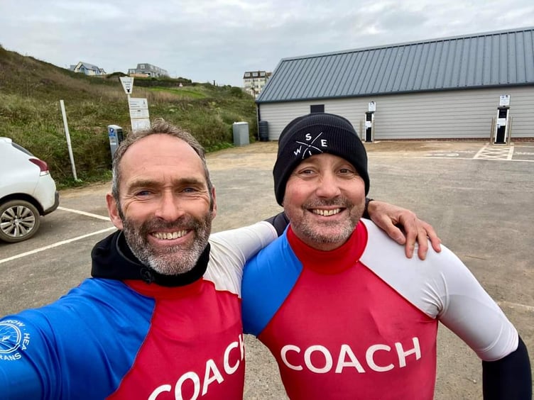 Tim Stevens (right) alongside his mentor Pete Smith joined the Help for Heroes Coaching Academy and completed his Level One Surf Coaching qualification