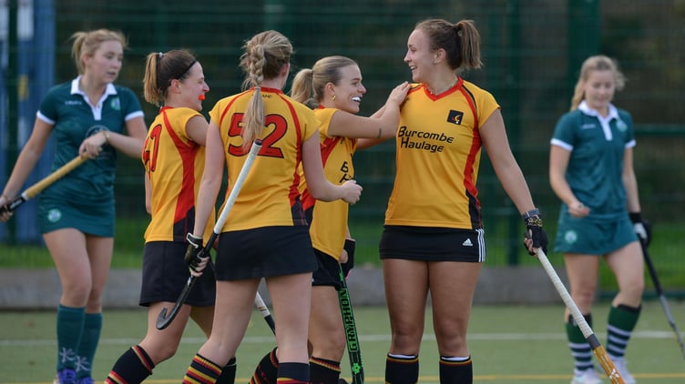 Caradon Ladies celebrate a goal against University of Exeter Ladies