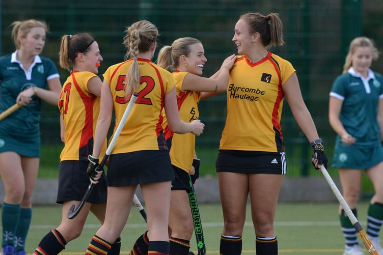 Caradon Ladies celebrate a goal against University of Exeter Ladies