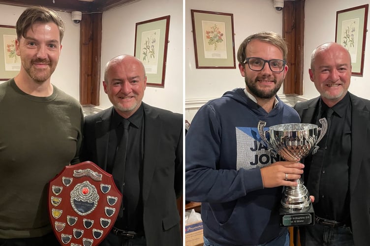 Saltash CC first team captain Justin Hemmings presented the batsman and bowler awards to Sam Renfree (left) and Matt Petherbridge