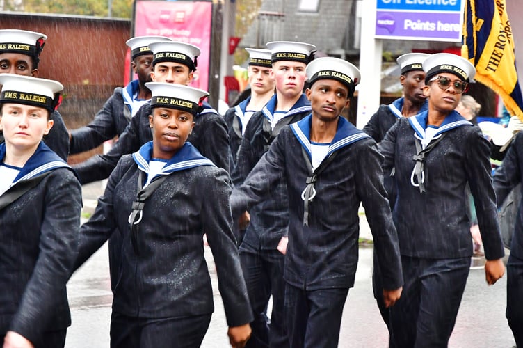 Recruits from HMS Raleigh parade through the streets of Torpoint on Sunday