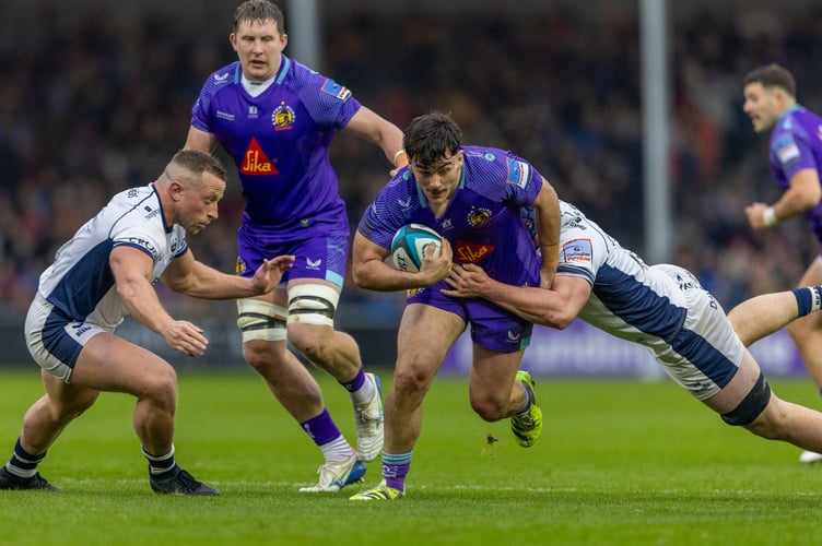 Exeter Chiefs hooker Louie Gulley looks to find a way through the Bristol Bears defence during Saturday's Premiership Rugby Cup clash
