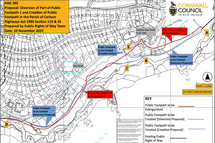 The revised proposal officially retains a spur from the coastal route (C) to Sea Road (E). (Picture: Cornwall Council)