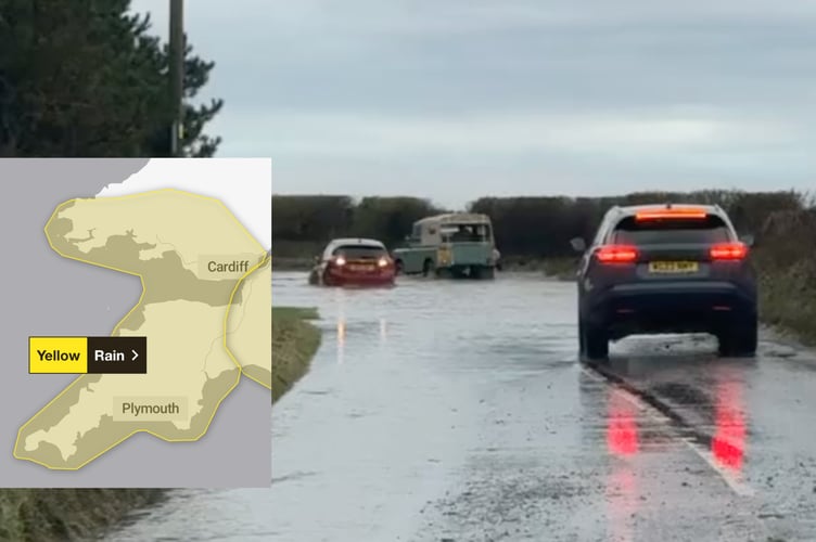 Cars attempting to cross a flooded road in Camelford on Monday, December 15. Inset: the yellow weather warning area (Picture: Dayna Billam/Tindle)