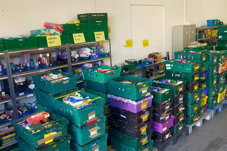 Crates of food and other products at the Foodbank's warehouse at Trevecca