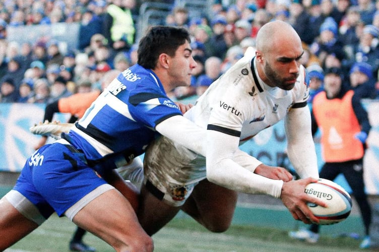 Exeter Chiefs winger Olly Woodburn crosses for his try against Bath in the Gallagher Premiership