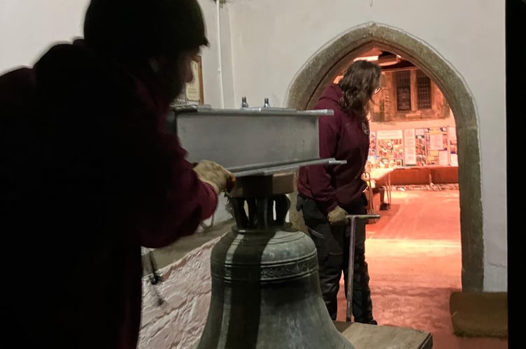 The bells being wheeled into St Sampson's Church in South Hill 