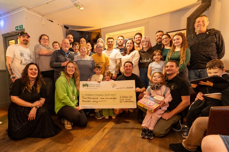 Sarah-Jane Hoskin accepted the cheque for Children’s Hospice South West from the Duke of Cornwall pub in St Austell.