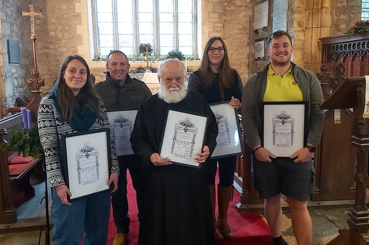 Long service awards for bellringers at St. Melor's Church, Linkinhorne which were presented to them by Father Peter Down recently.
Left to right;  Ella Drew, Simon Mitchell, Andrew Doney, Rachel Hockin and George Drew.