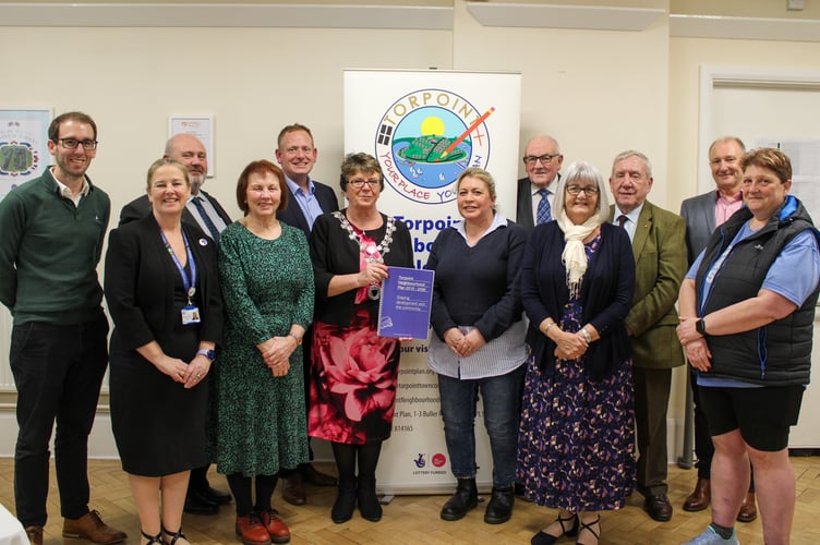 Mayor of Torpoint, Cllr Julie Martin is joined by other dignitaries for the adoption of the town's Neighbourhood Plan